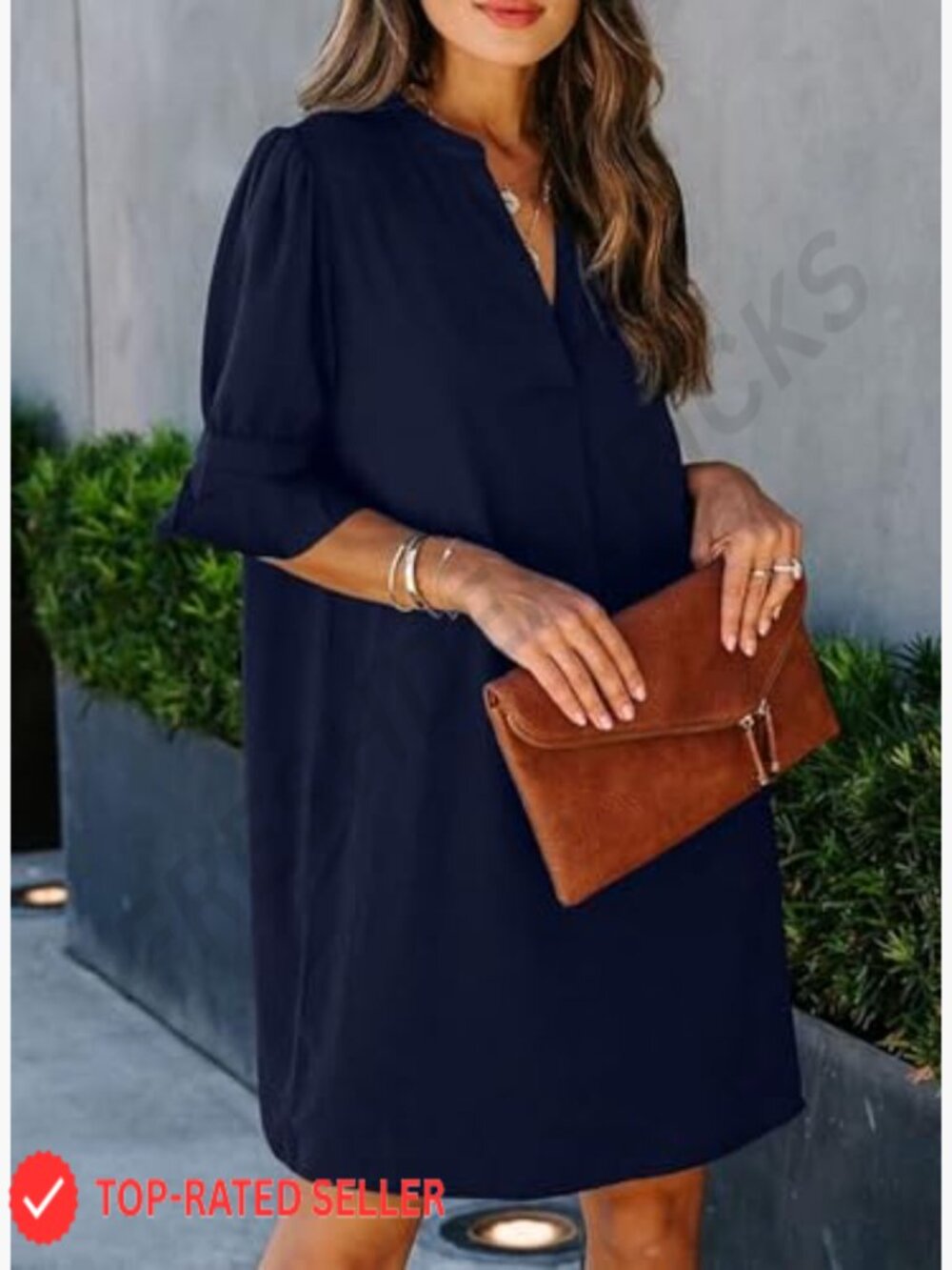 V-Neck Ruffled Sleeve Shift Dress Lightweight Polyester Casual Summer Chic - Picture 4 of 7